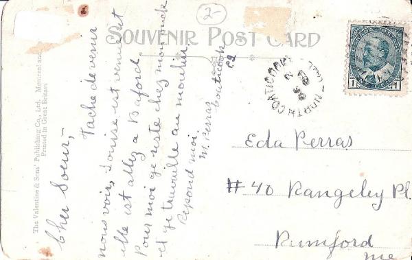 Verso de la carte postale de la Estern Townships et du Bureau de poste

The Valentine & Sons Publishing Co. , Ltd
Printed in Great Britain.