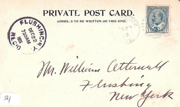 Verso de la carte postale de la BanqueEastern Townships et du bureau de post5e
